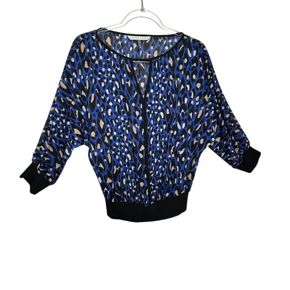 TRINA TURK Blue Black and Beige Spotted Print Silk Keyhole Neck Dolman Blouse - Picture 2 of 7